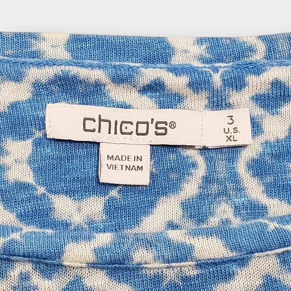Chico's Blue Geo Print Linen Dolman Top Sz 3 (XL) Summer Coastal Beachy Casual - Picture 6 of 12